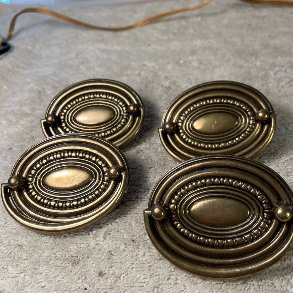 4 Vintage Hepplewhite Brass? Drop Handle Drawer/Door Cabinet Pulls 1.75” C To C